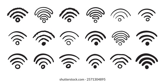 Hand drawn wifi icon set. doodle wi fi sign collection. Drawing Wi-Fi. Vector illustration