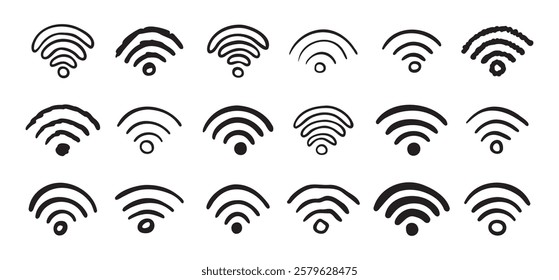 Hand drawn wifi icon set. doodle wi fi sign collection. Drawing Wi-Fi. Vector illustration