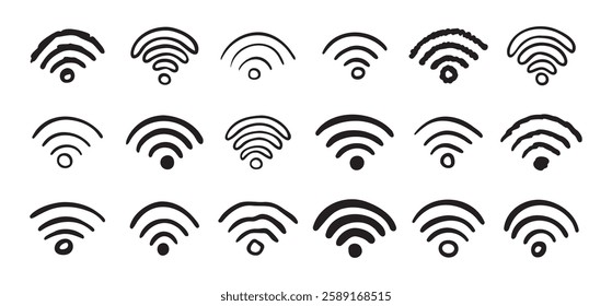 Hand drawn wifi icon set. doodle wi fi sign collection. Drawing Wi-Fi. Vector illustration