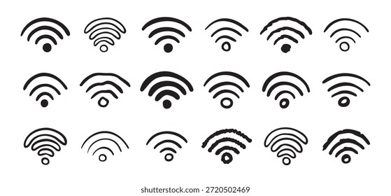 Conjunto de iconos wifi dibujados a mano. colección de señal de doodle wi fi. Dibujo de Wi-Fi. Ilustración vectorial