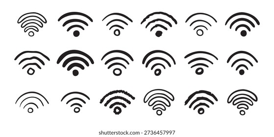 Hand drawn wifi icon set. doodle wi fi sign collection. Drawing Wi-Fi. Vector illustration