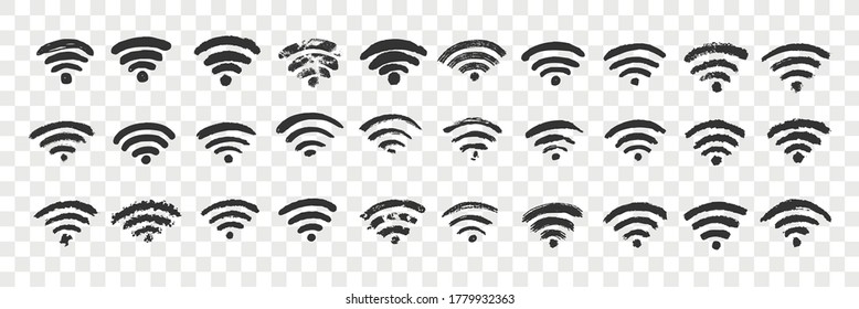 Hand drawn wifi sign doodle set. Collection of pen ink pencil drawing sketches of internet connection indicator isolated on transparent background. Illustration of mobile or network symbol