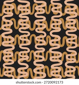 Hand drawn wiggly waves horizontally and vertically, forming a stripes pattern in colors of peach and brown on black background. Abstract geometric seamless vector pattern. Great for home decor, fabric, wallpaper, gift wrap, stationery, packaging design projects.