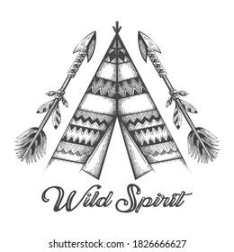 Hand Drawn Wigwam and arrow tribal tattoo. Wigwam ornamental design. Vector illustration