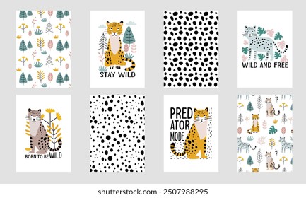 Hand drawn wild animals, quotes and animal skin texture seamless patterns. Background collection in Scandinavian flat design for fashion, textile print. Vector illustration.