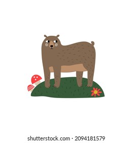 Hand drawn wild bear character with flowers isolated on white background. Big wild woodland animal vector illustration. Cartoon forest mammal in scandinavian style. Nordic style animal.