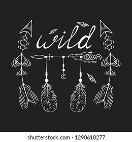 Hand drawn wild boho tribal design tattoo with ethnic traditional arrows in native bohemian, indian style. Magic aztec print.