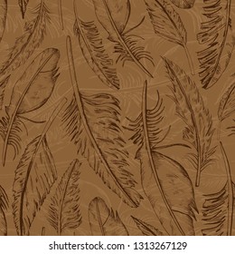 Hand drawn Wild brown feathers seamless repeat pattern, on a chestnut brown background - Vector. Suitable for use in textiles, fashion, crafting, decorations etc.