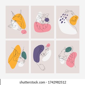 Hand drawn wild cats in minimal line style. Lynx, lion, leopard, caracal, panther and tiger. Elegant style Trendy vector illustration.