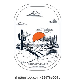 impresión de camisetas con vista de desierto silvestre dibujada a mano, diseño en pantalla de dos colores, impresión gráfica de vibraciones del desierto de Arizona para moda y otros