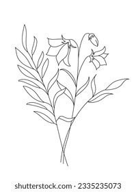 Hand drawn wild field flora, flowers, leaves, herbs, plants, branches. Minimal floral botanical line art.  Vector illustration for logo or tattoo, invitations, save the date card.