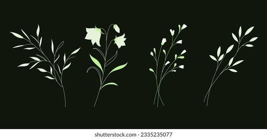 Hand drawn wild field flora, flowers, leaves, herbs, plants, branches. Minimal floral botanical line art.  Vector illustration for logo or tattoo, invitations, save the date card.
