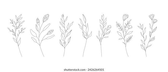 Hand drawn wild field flora, flowers, leaves, herbs, plants, branches. Minimal floral botanical line art. Vector illustration for logo or tattoo, invitations, save the date card.	