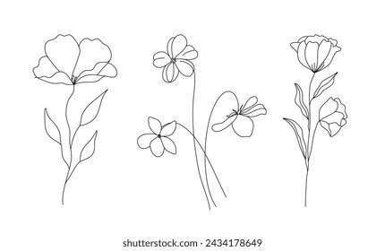 Flora de campo silvestre dibujada a mano, flores, hojas, hierbas, plantas, ramas. Ilustración del vector para el logotipo o el tatuaje, las invitaciones, guarde la tarjeta de la fecha.	