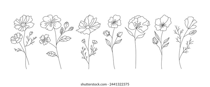 Handgezeichnete Wildfeldflora, Blumen, Blätter, Kräuter, Pflanzen, Äste. Minimale florale botanische Linienkunst. Vektor-Illustration für Logo oder Tattoo, Einladungen, speichern Sie die Datumskarte.	