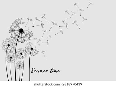 Hand drawn of Wild flower dandelion .  Vector flower for background, dandelion flying wall decal children's room 