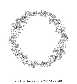 Hand drawn wild flowers, eucalyptus leaves wreath line art vector illustration isolated on white background. Circle trendy greenery frame in black ink sketch style. Elegant wedding invitation design