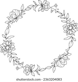 Hand drawn wild flowers on blank background, template wedding decoration.