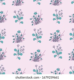 Hand drawn wild flowers seamless vector pattern in lilac and teal. Herbarium themed surface print design. Great for fabrics, stationery and packaging.