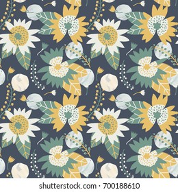 Hand drawn wild flowers seamless pattern background, in green and yellow theme on dark background