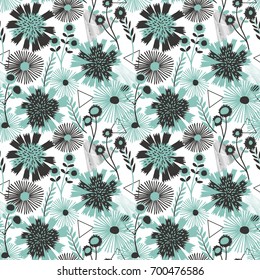 Hand drawn wild flowers and triangle seamless pattern background, in green and black theme