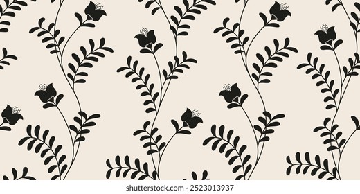 Hand drawn wild flowers vines seamless pattern. Design for fabric, wrapping, cover, wall art, decoration.