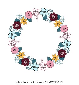 Hand drawn wild flowers wreath isolated on white background. Design for invitation, wedding or greeting cards. Vector illustration