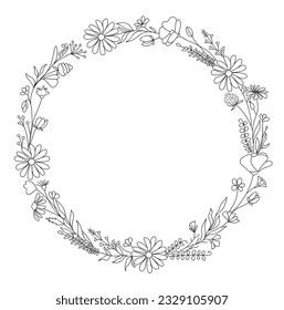 Hand drawn wild flowers wreath line art vector illustration isolated on white background. Circle floral frame in black ink sketch style. Elegant wedding invitation design. Botanical clipart.