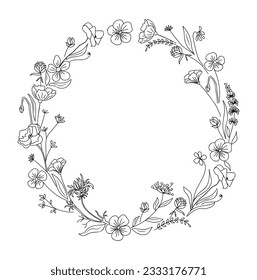 Hand drawn wild flowers wreath line art vector illustration isolated on white background. Circle floral frame in black ink sketch style. Elegant wedding invitation design. Botanical clipart