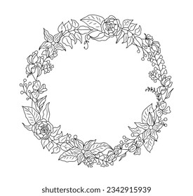 Hand drawn wild flowers wreath line art vector illustration isolated on white background. Circle floral frame in black ink sketch style. Elegant wedding invitation design. Botanical clipart