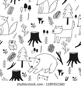 Hand drawn wild forest. Wild forest seamless pattern with bear, fox, wolf, owl, trees, mushrooms, leaves, plants, branches