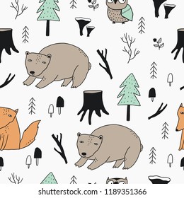 Hand drawn wild forest. Wild forest seamless pattern with bear, fox, wolf, owl, trees, mushrooms, leaves, plants, branches