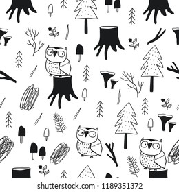 Hand drawn wild forest. Wild forest seamless pattern with bear, fox, wolf, owl, trees, mushrooms, leaves, plants, branches