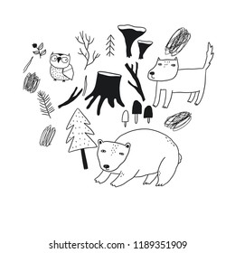 Hand drawn wild forest set