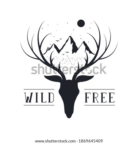 Hand drawn wild and free badge with deer and mountain. Vector isolated explore label. Adventure print.