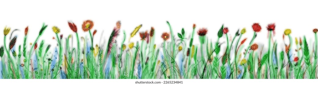 Hand drawn wild grass and flowers, bright spring meadow, vector illustration