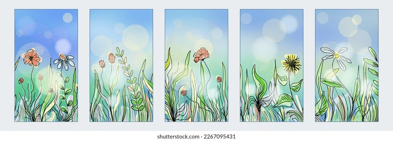 Hand drawn wild grass and flowers against the blue sky, vertical banner and wallpaper for phone, creative backgrounds for social media, story templates
