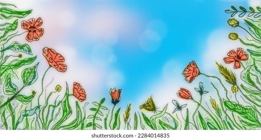Hand drawn wild grass and flowers, bright spring meadow, vector illustration