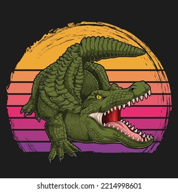 Hand drawn wild green crocodile with wide open mouth against vintage retro sunset 