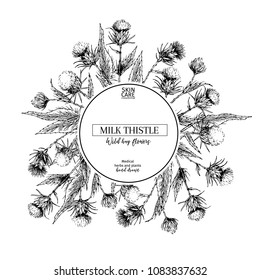 Hand drawn wild hay flowers. Milk marian thistle flower. Medical herb. Vintage engraved art. Round composition. For cosmetics, medicine, treating, aromatherapy, nursing, package design, health care.