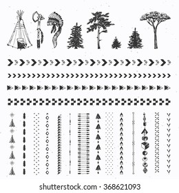 Hand drawn wild indian elements. Arrows, trees, teepee, hatchet, feathers, war bonnet with feathers, beads