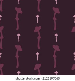 Hand drawn wild mushroom vector pattern. Seamless trendy purple biology fungi for all over print. Decorative background of wild fungus. 