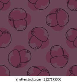 Hand drawn wild mushroom vector pattern. Seamless trendy purple biology fungi for all over print. Decorative background of wild fungus. 