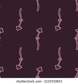 Hand drawn wild mushroom vector pattern. Seamless trendy purple biology fungi for all over print. Decorative background of wild fungus. 