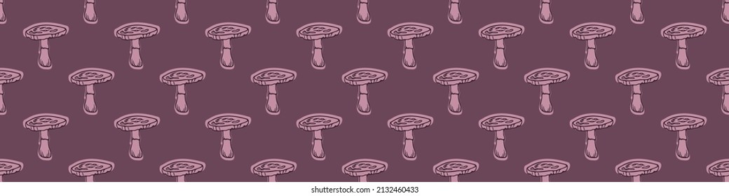 Hand drawn wild mushroom vector border. Seamless trendy purple biology fungi for bordure. Decorative background of wild fungus. 