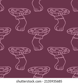 Hand drawn wild mushroom vector pattern. Seamless trendy purple biology fungi for all over print. Decorative background of wild fungus. 