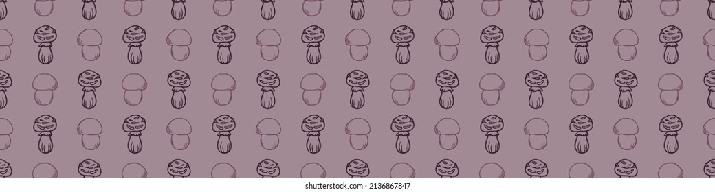 Hand drawn wild mushroom vector border. Seamless trendy purple biology fungi for bordure. Decorative background of wild fungus. 