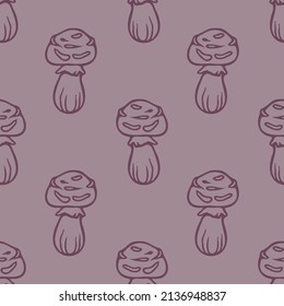 Hand drawn wild mushroom vector pattern. Seamless trendy purple biology fungi for all over print. Decorative background of wild fungus. 