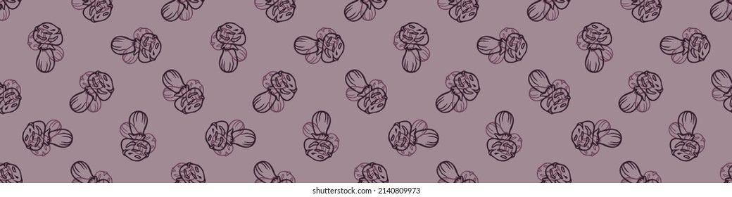 Hand drawn wild mushroom vector border. Seamless trendy purple biology fungi for bordure. Decorative background of wild fungus. 