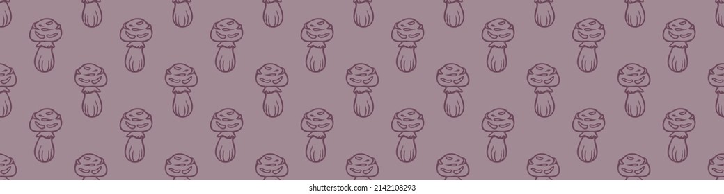 Hand drawn wild mushroom vector border. Seamless trendy purple biology fungi for bordure. Decorative background of wild fungus. 